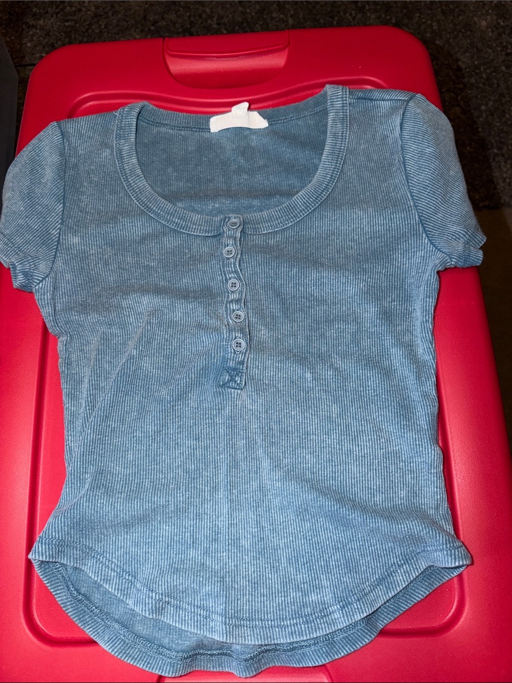 Pink Rose Short Sleeve Ribbed Henley Top - Blue